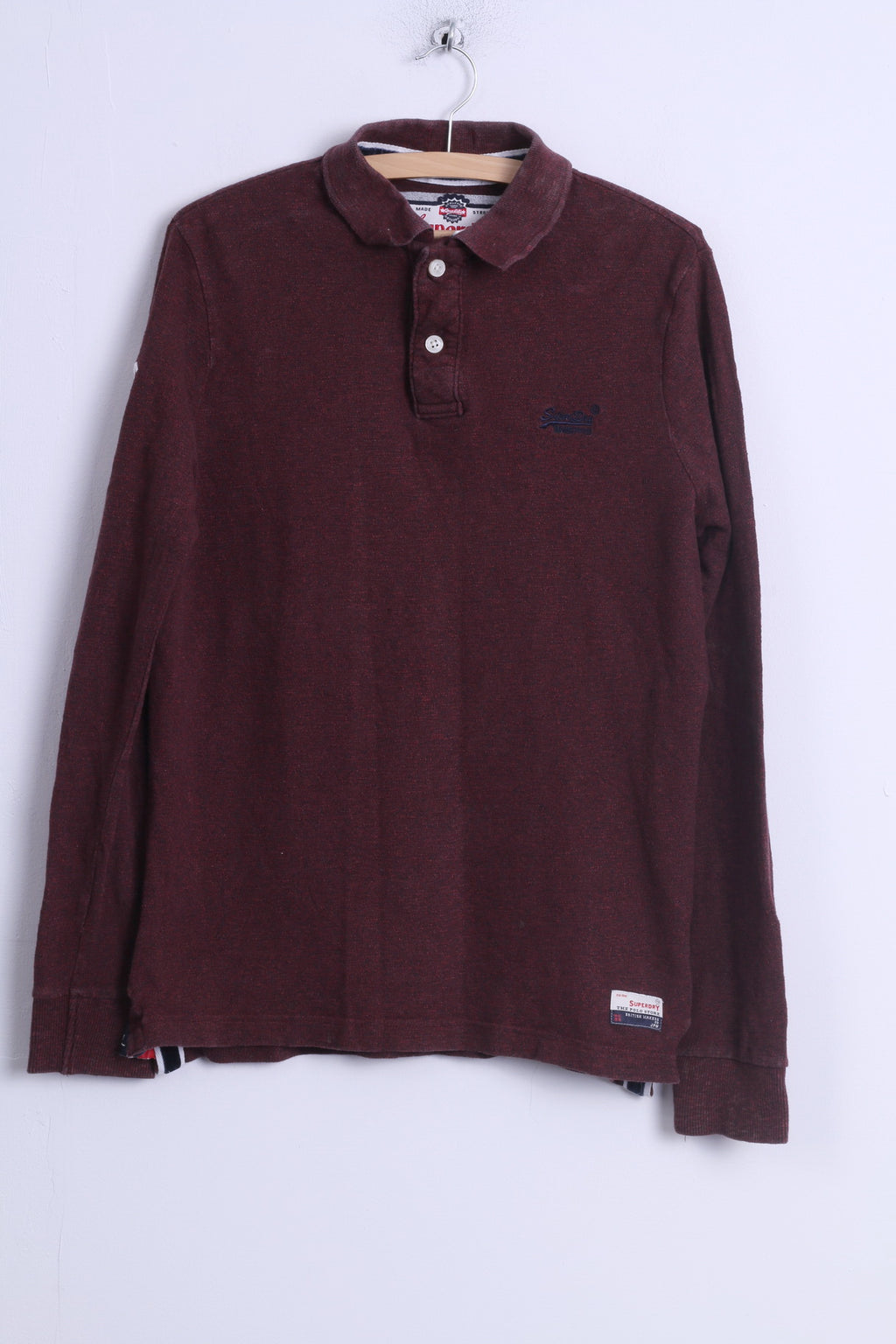 Polo Superdry da uomo XL (M) in cotone bordeaux a maniche lunghe con bottoni dettagliati in Giappone