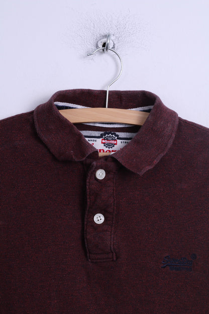 Superdry Mens XL (M) Polo Shirt Burgundy Cotton Long Sleeve Detailed Buttons Japan