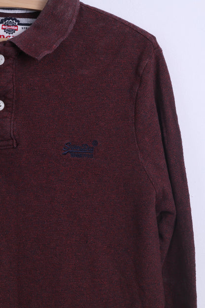 Superdry Mens XL (M) Polo Shirt Burgundy Cotton Long Sleeve Detailed Buttons Japan