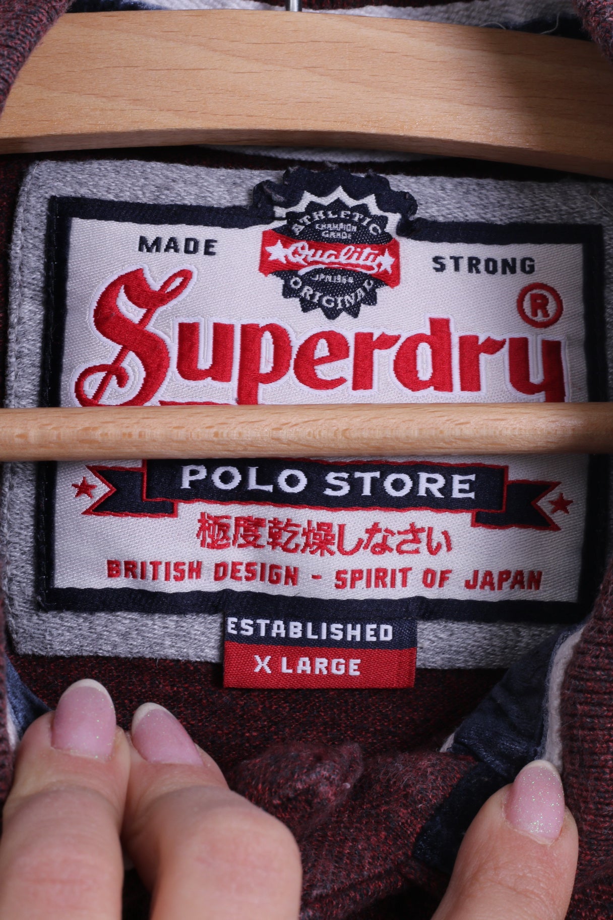 Polo Superdry da uomo XL (M) in cotone bordeaux a maniche lunghe con bottoni dettagliati in Giappone
