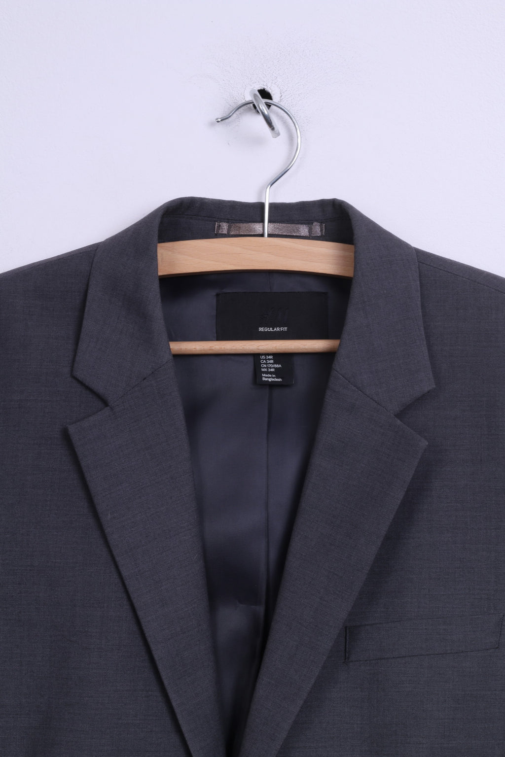 H&amp;M Hommes 44 34R S Blazer Gris Coupe Regaular Veste Laine Simple Boutonnage