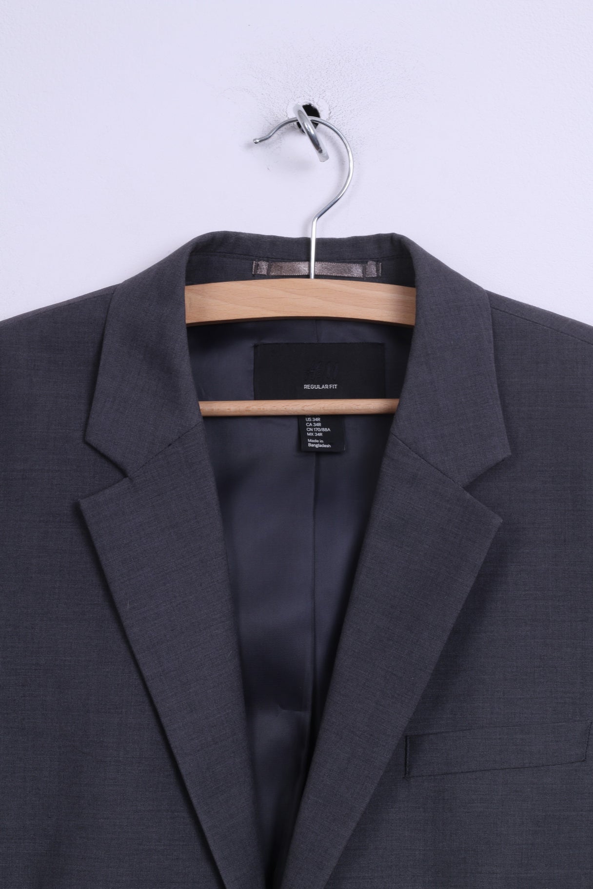 H&amp;M Hommes 44 34R S Blazer Gris Coupe Regaular Veste Laine Simple Boutonnage