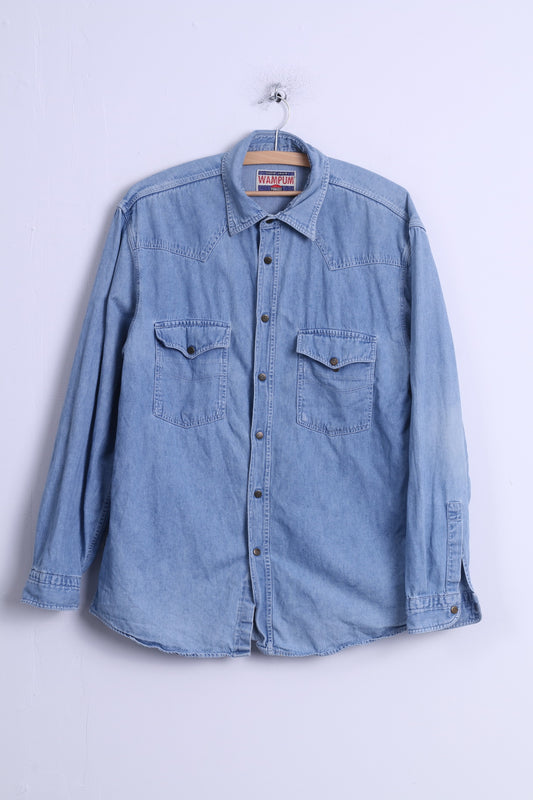 WAMPUM Camicia casual da uomo L (M) Jeans in cotone azzurro Bottoni automatici vintage