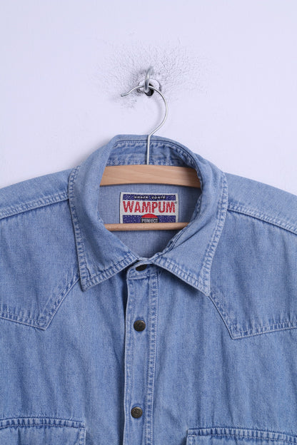 WAMPUM Mens L (M) Casual Shirt Light Blue Cotton Jeans Vintage Popper Buttons