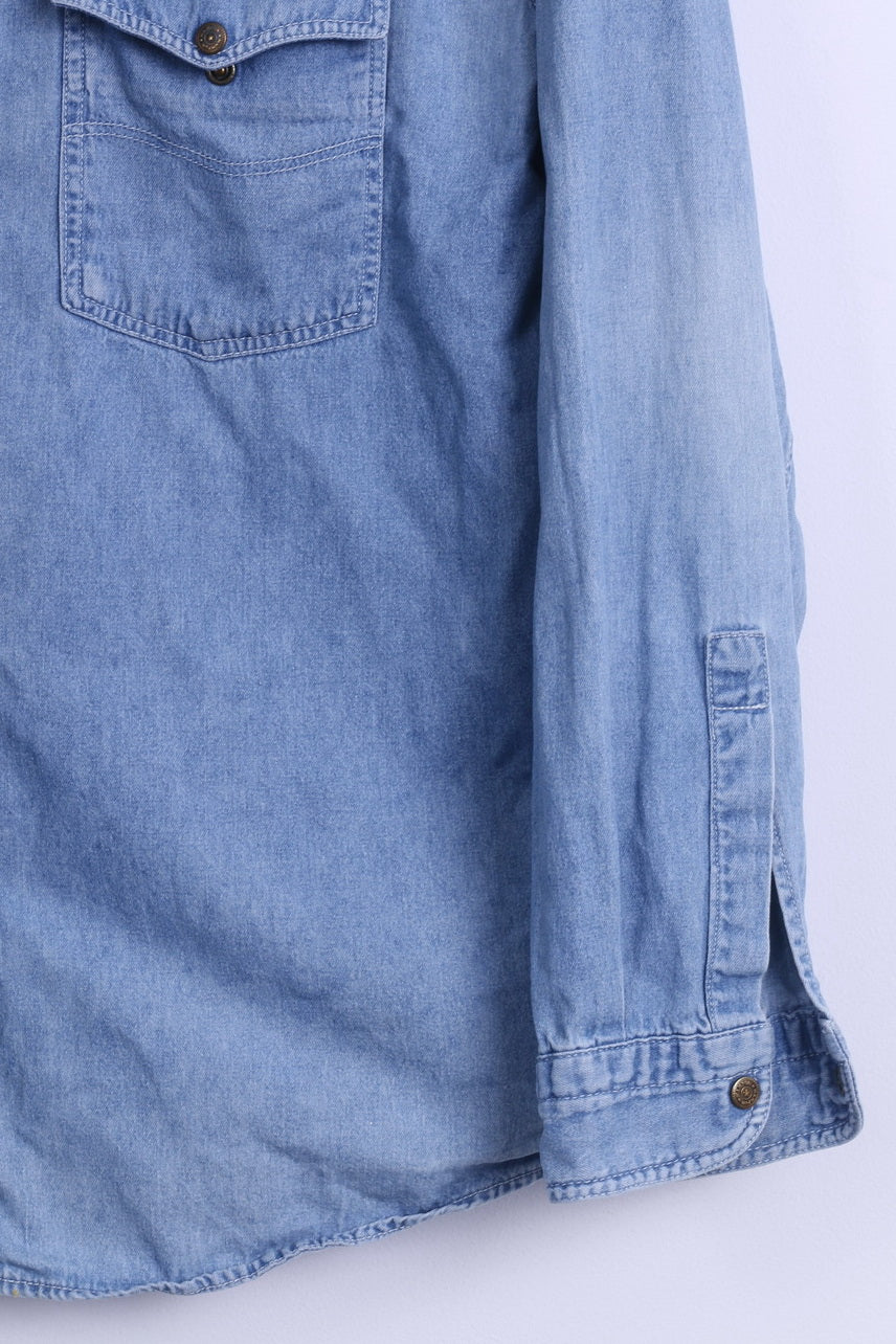 WAMPUM Mens L (M) Casual Shirt Light Blue Cotton Jeans Vintage Popper Buttons