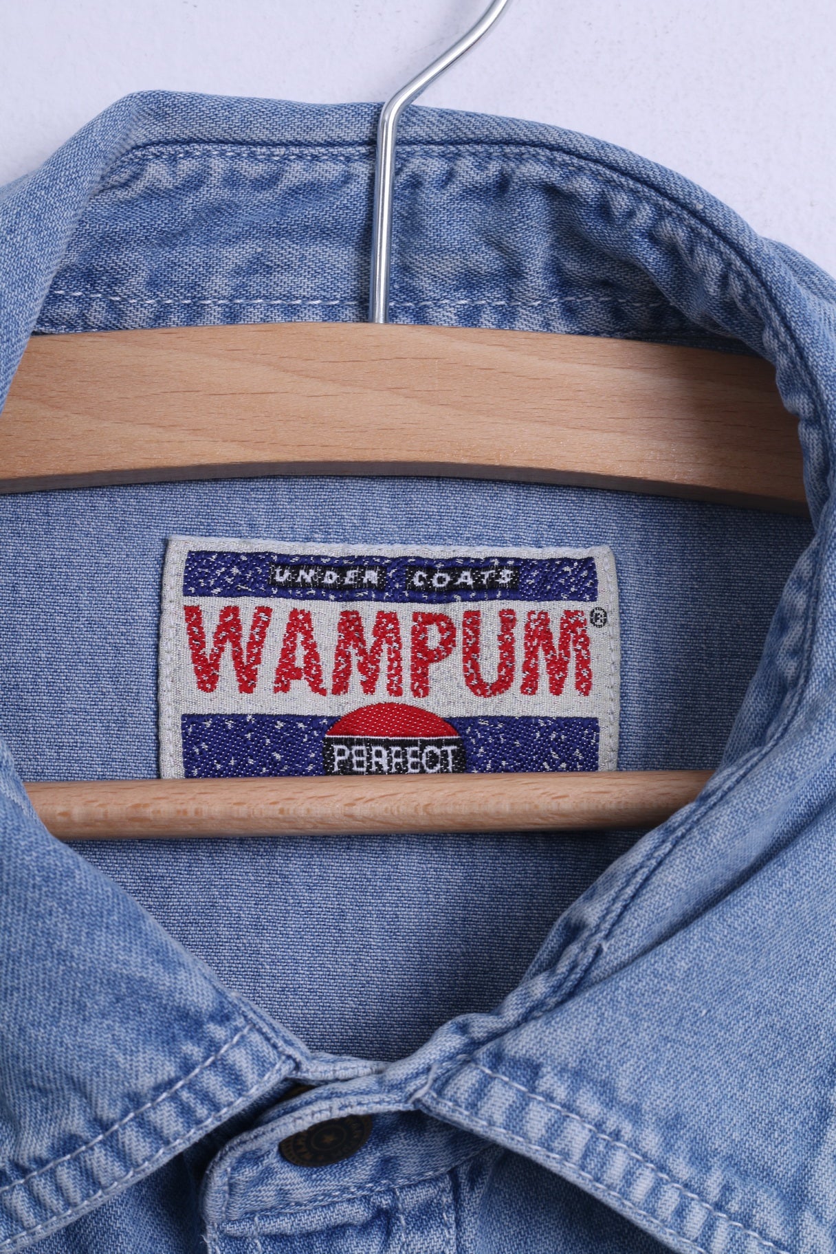 WAMPUM Mens L (M) Casual Shirt Light Blue Cotton Jeans Vintage Popper Buttons