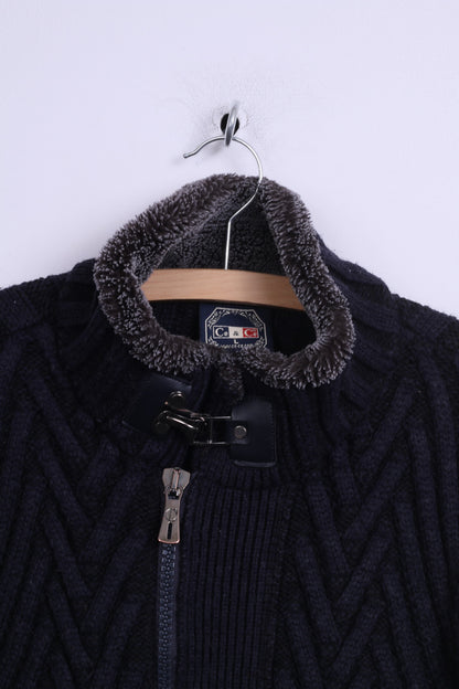 Ce & Ce Mens L (M) Sweater Navy Wool Sweater Knittwear Zip Neck Jumper
