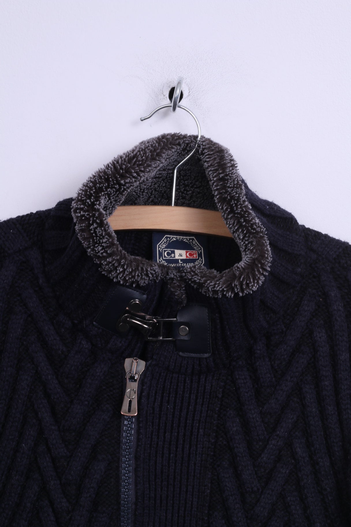 Ce &amp; Ce Pull L (M) pour homme en laine bleu marine avec col zippé