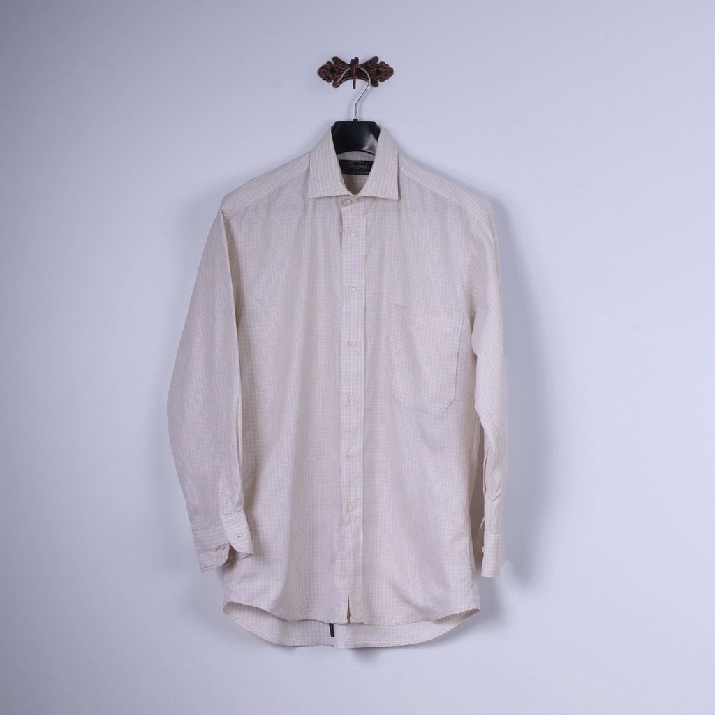 Stenstroms Men 40 M Casual Shirt Yellow Check Two Fold Cotton Long Sleeve