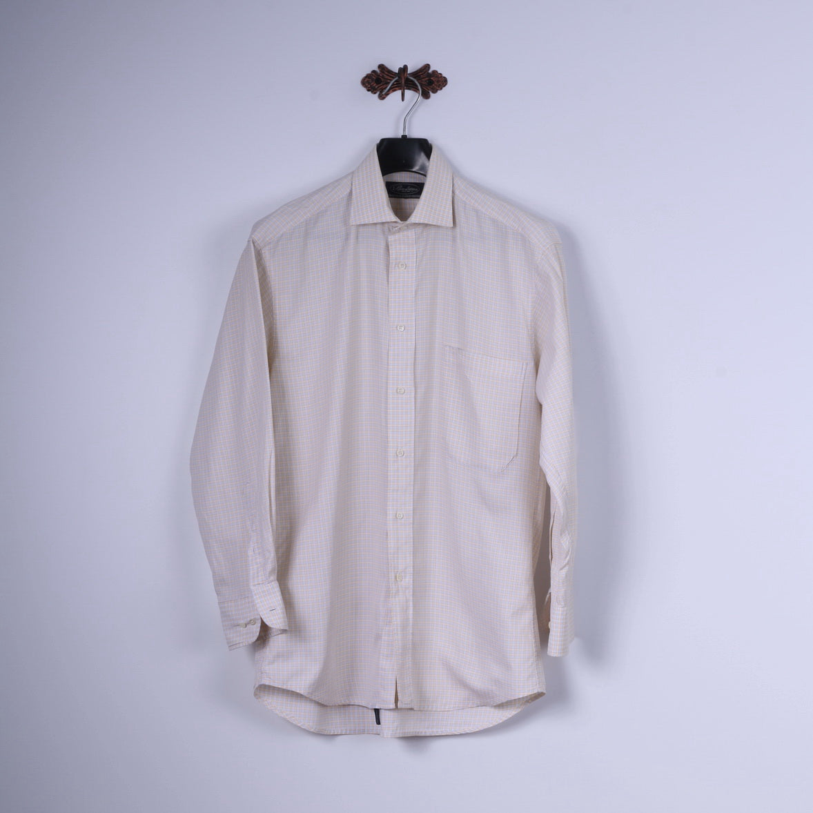 Stenstroms Men 40 M Casual Shirt Yellow Check Two Fold Cotton Long Sleeve