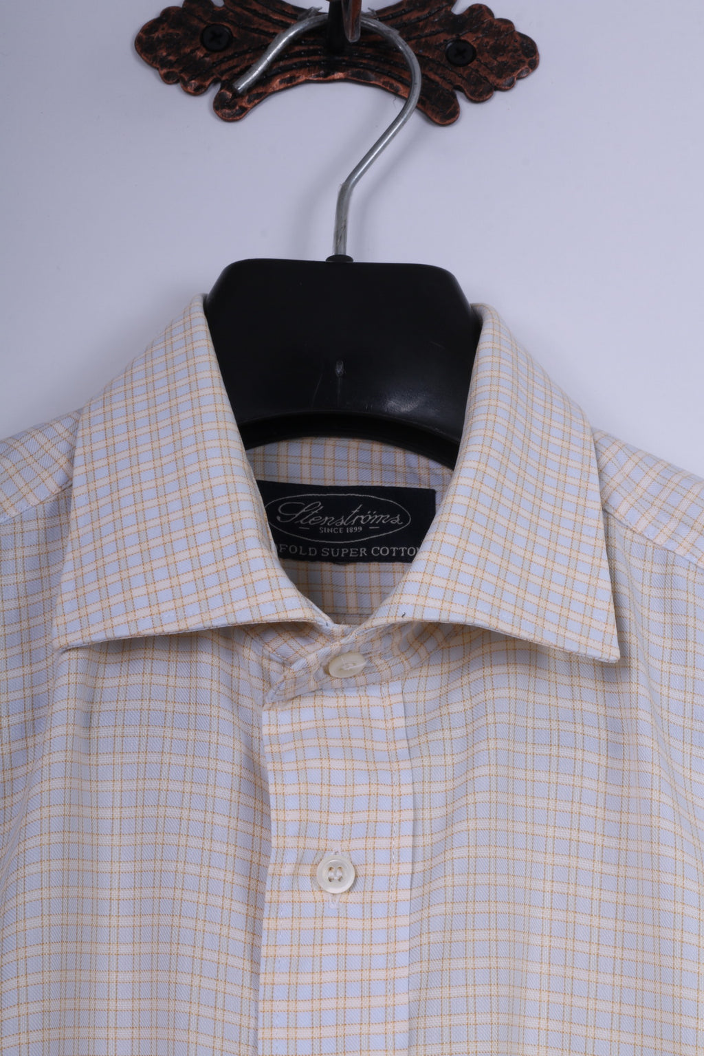 Stenstroms Men 40 M Casual Shirt Yellow Check Two Fold Cotton Long Sleeve