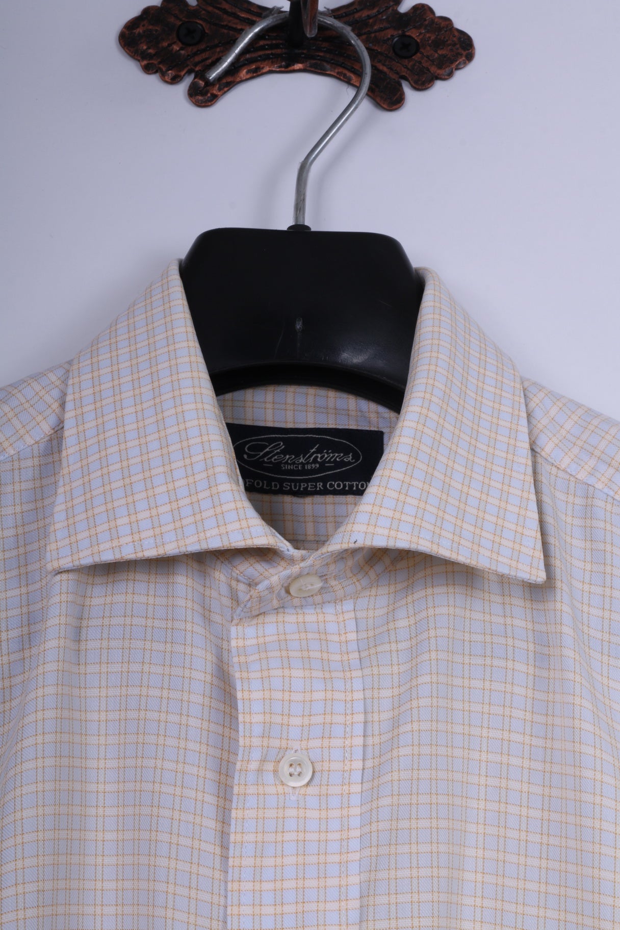 Stenstroms Men 40 M Casual Shirt Yellow Check Two Fold Cotton Long Sleeve