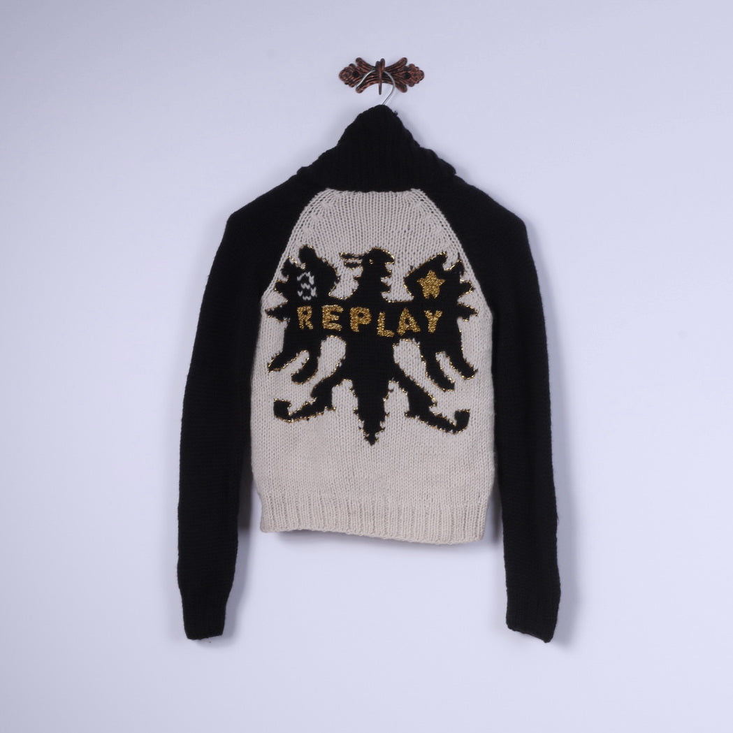 Replay Women S Sweater Beige Cropped 100% Wool Zip Up Cardigan Knitwear