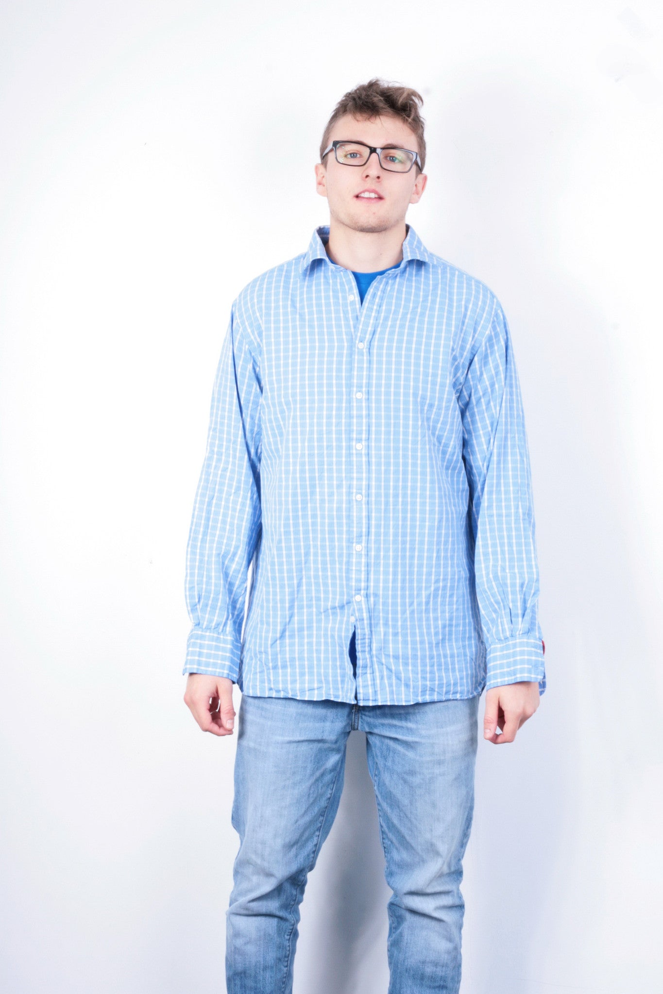 Thomas Pink Jermyn Street Mens 16.5 36.5 L Casual Shirt Check Blue Cotton - RetrospectClothes