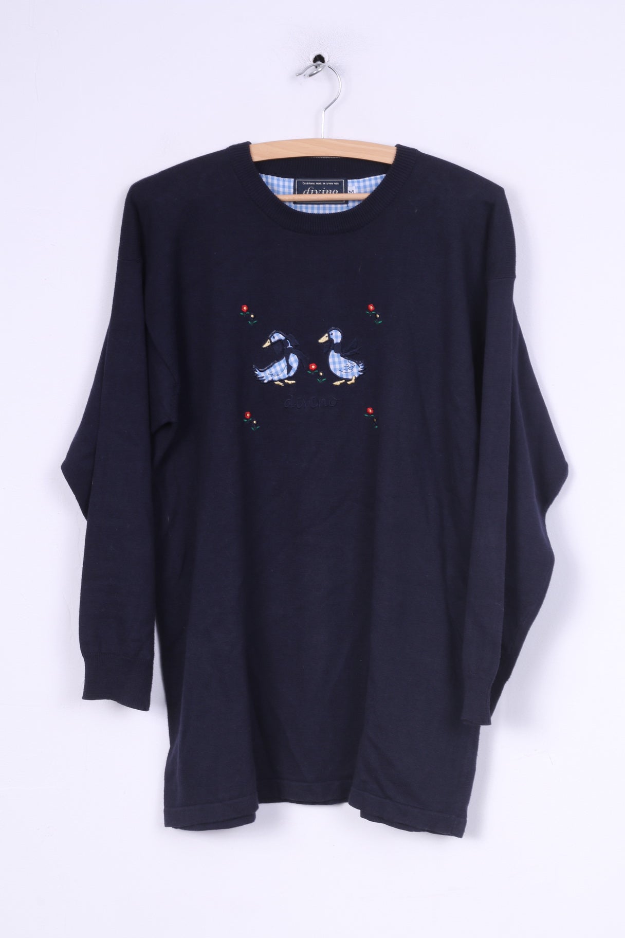 Divino Womens M Long Jumper Sweater Crew Neck Blue Two Duck Navy Cotton Retro Vintage