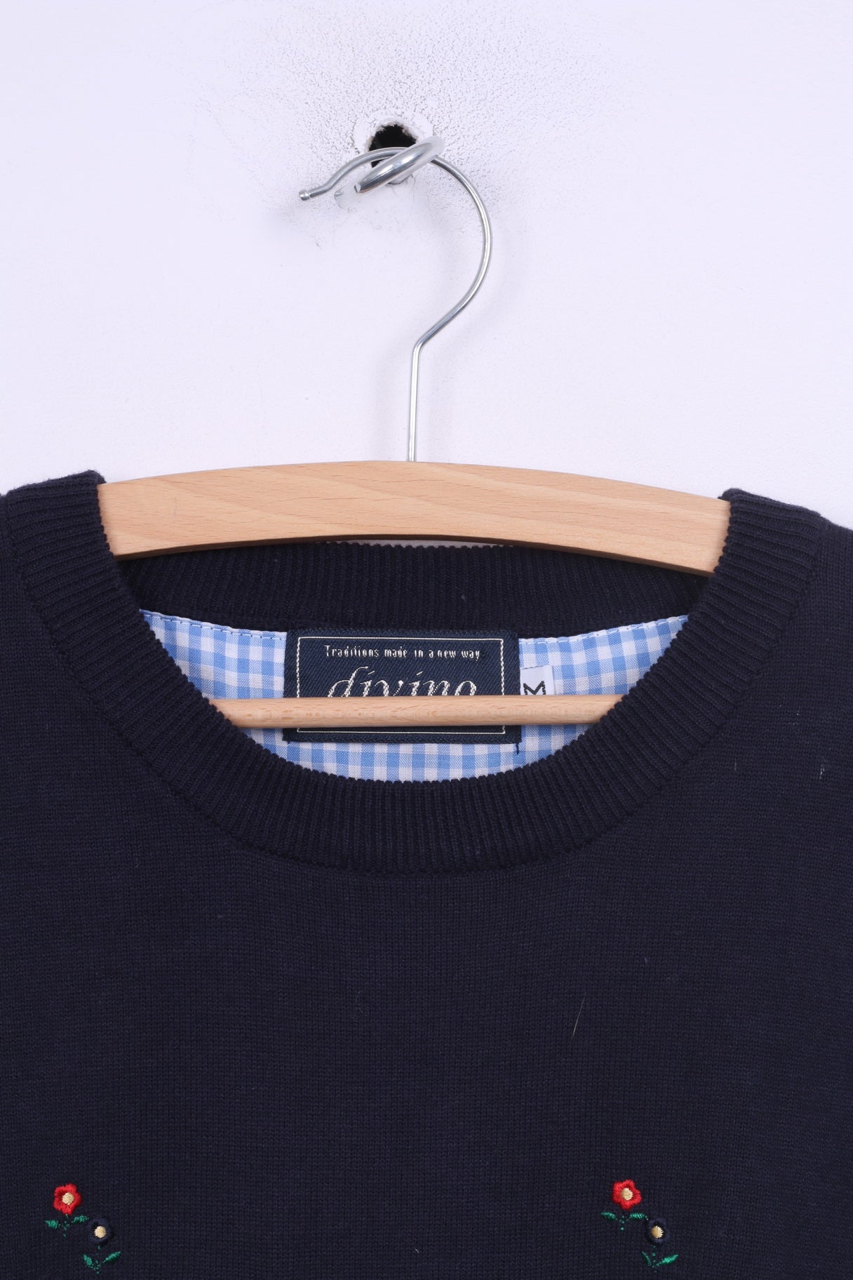 Divino Womens M Long Jumper Sweater Crew Neck Blue Two Duck Navy Cotton Retro Vintage