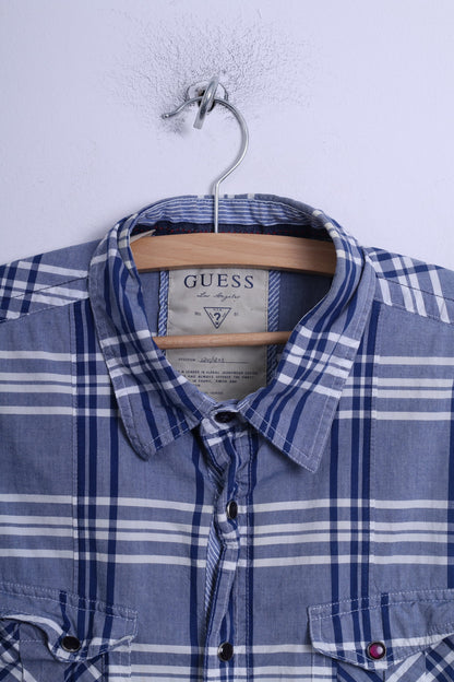 GUESS Mens M Casual Shirt Blue Cotton Checkered Popper uttons Short Sleeve