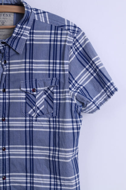 GUESS Chemise décontractée pour homme en coton bleu à carreaux avec boutons-pression et manches courtes