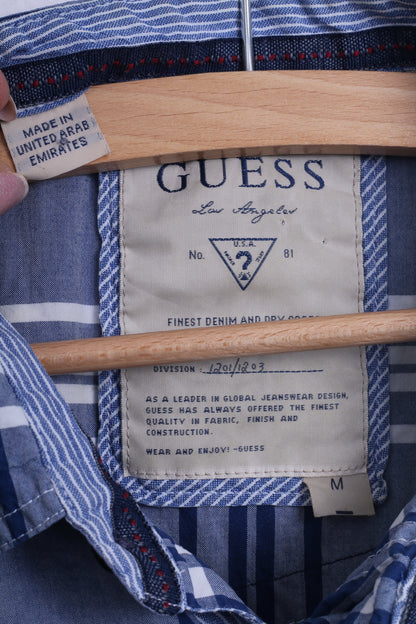 GUESS Mens M Casual Shirt Blue Cotton Checkered Popper uttons Short Sleeve