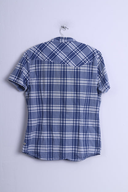 GUESS Camicia casual da uomo M Manica corta con bottoni automatici a quadri in cotone blu