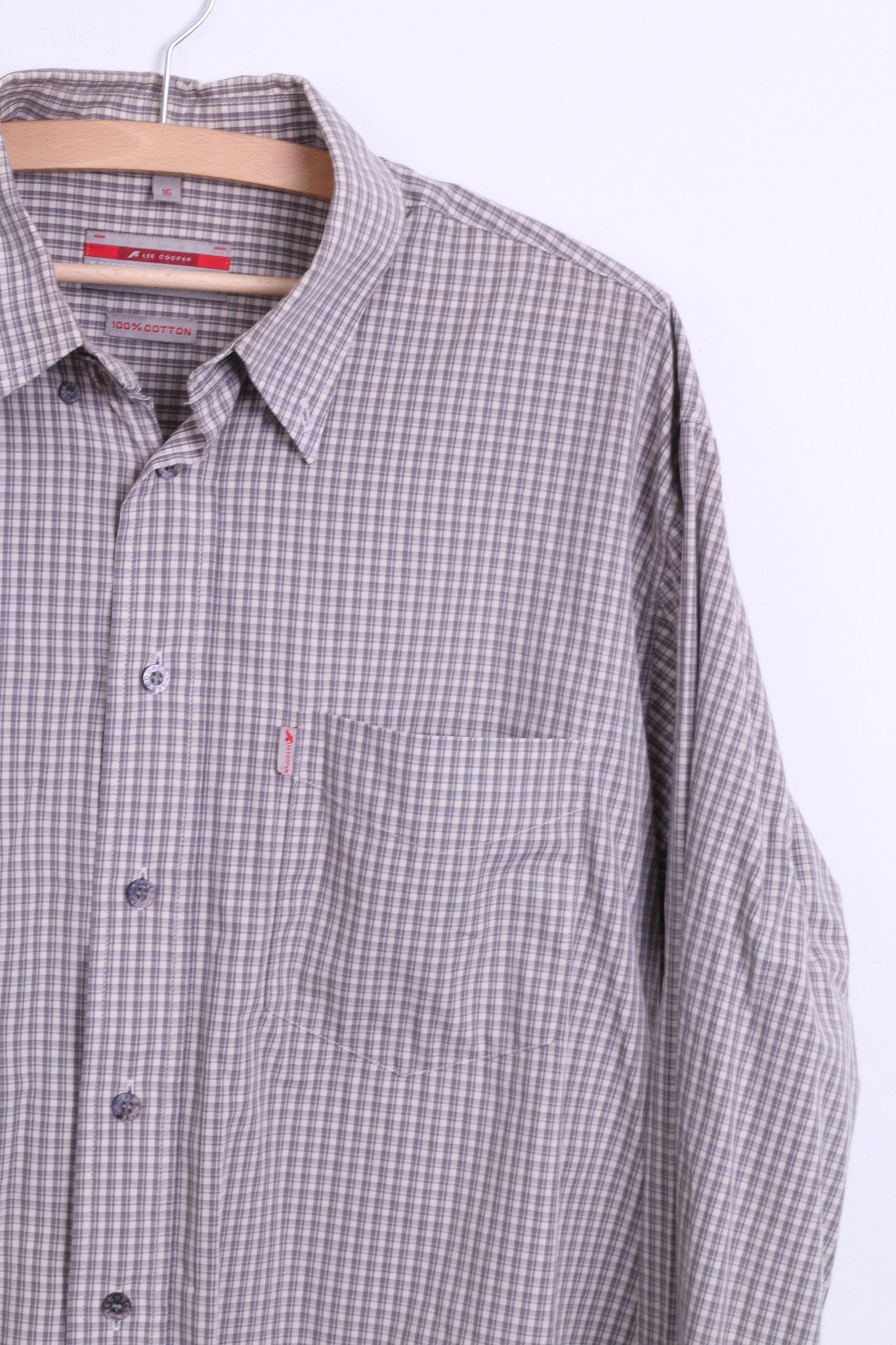 Lee Cooper Mens 16 XL Casual Shirt Check Cotton Top Grey Beige - RetrospectClothes