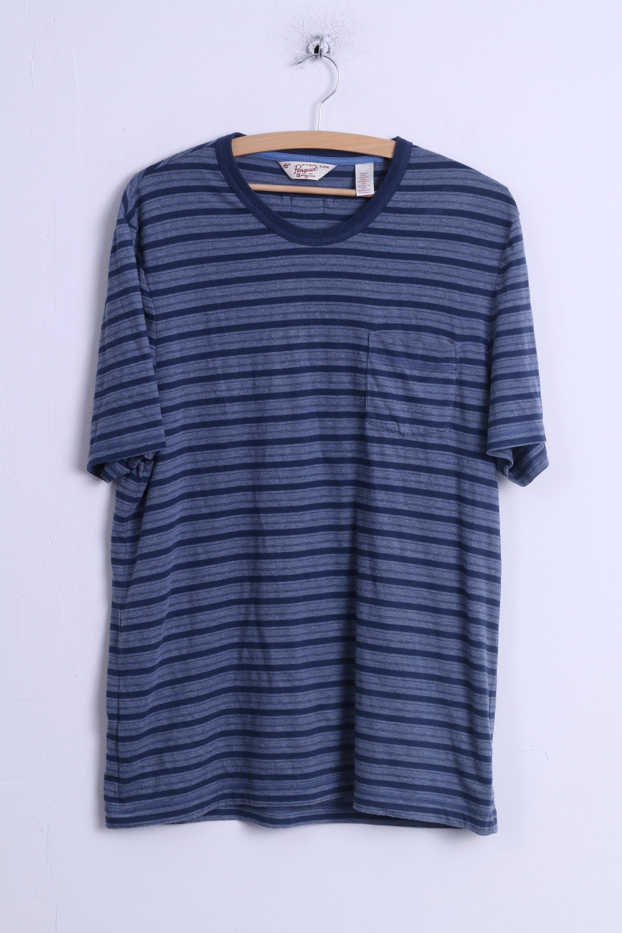Penguin Mens XL T-Shirt Blue Cotton Crew Neck Striped Casual Soft Stretch Top