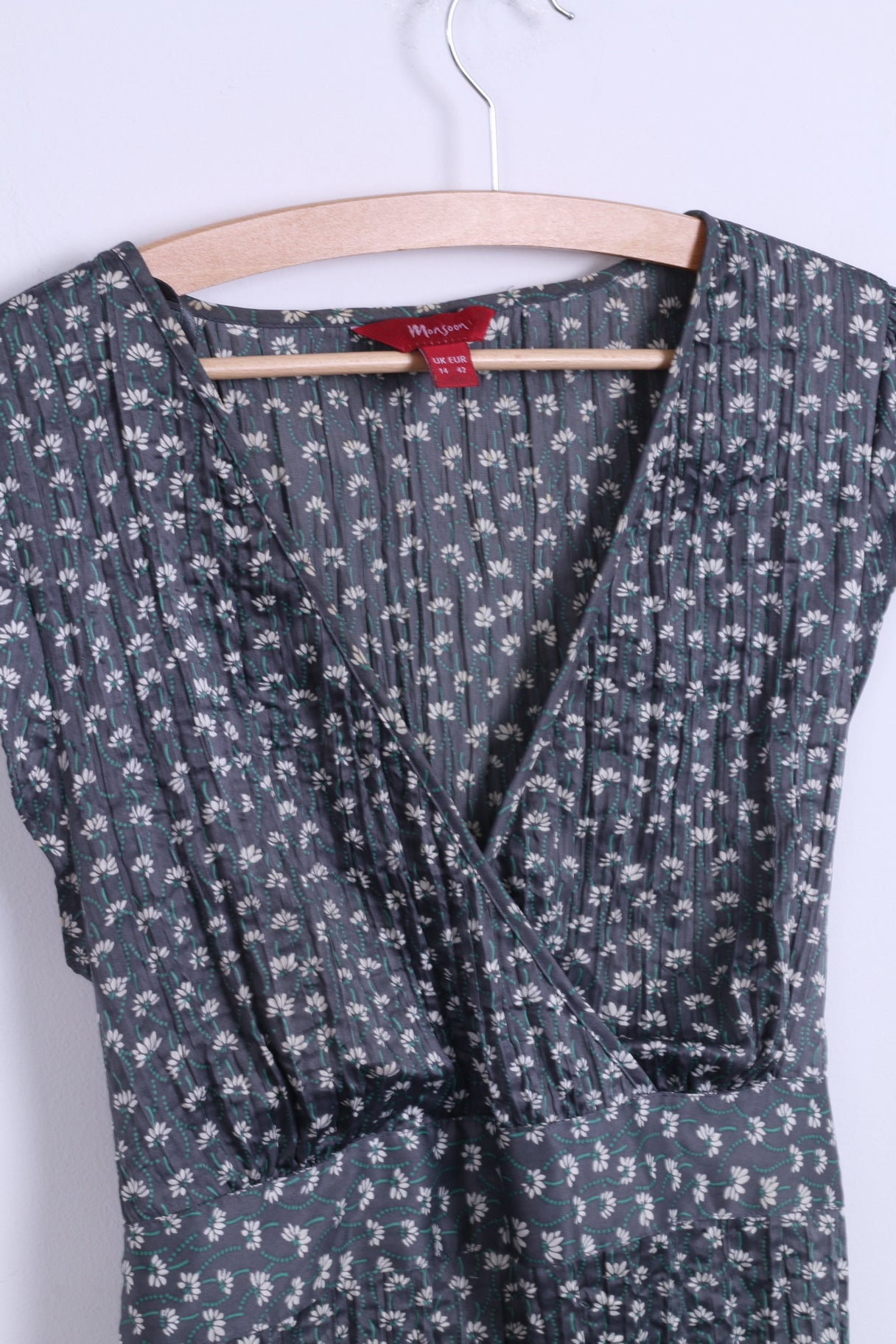 Monsoon Femmes 14 42 L Robe Longue Fleurs Grises Plissées Ceinturée