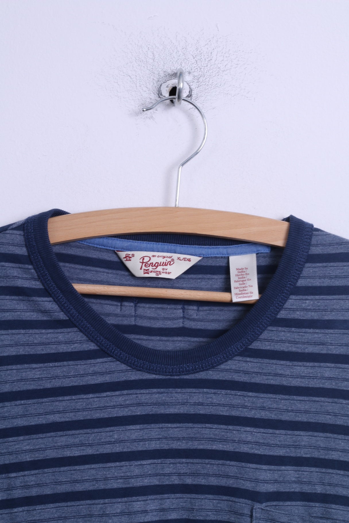 Penguin Mens XL T-Shirt Blue Cotton Crew Neck Striped Casual Soft Stretch Top