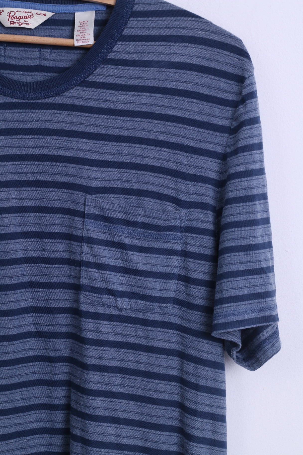 Penguin Mens XL T-Shirt Blue Cotton Crew Neck Striped Casual Soft Stretch Top