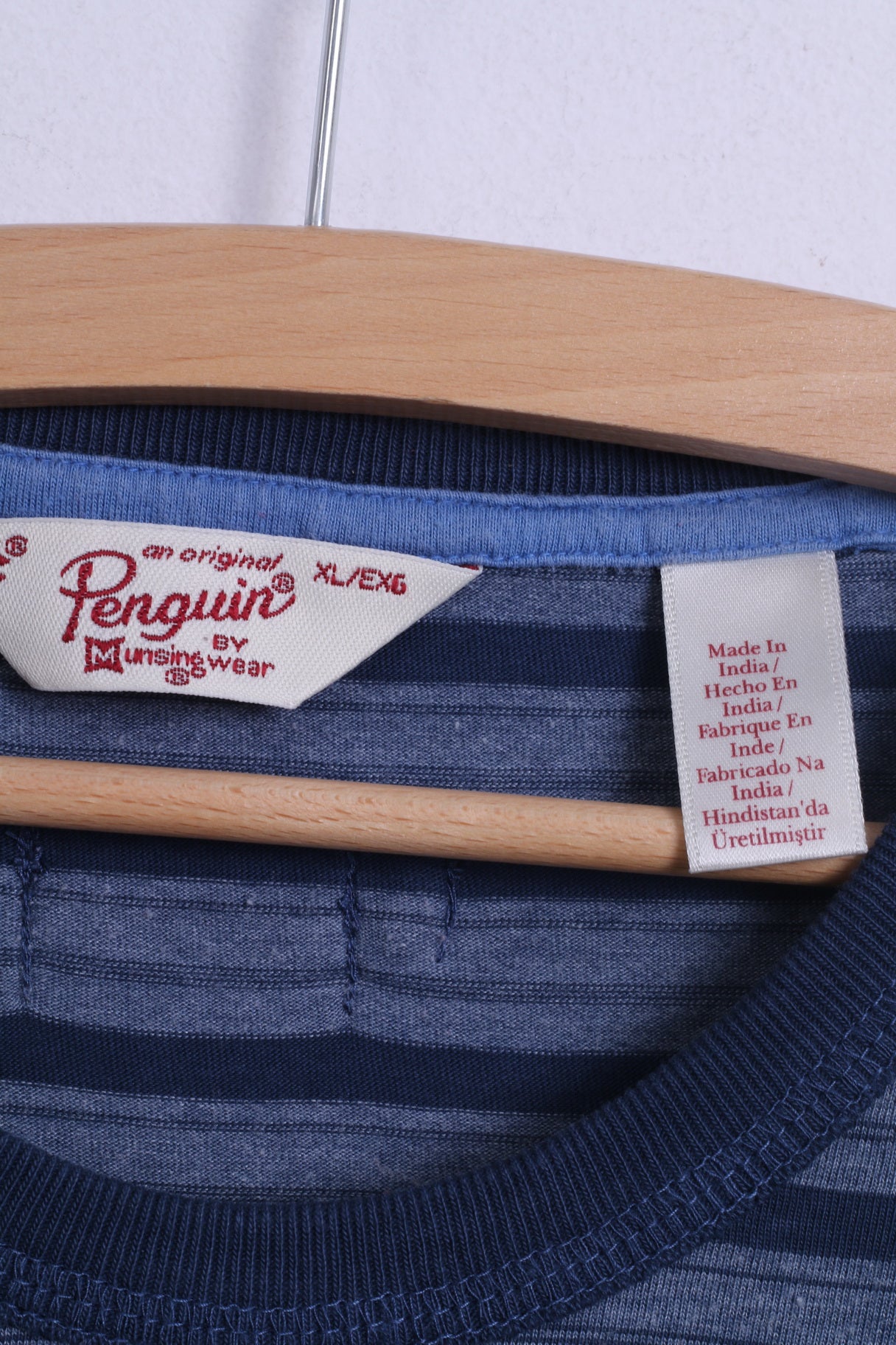 Penguin Mens XL T-Shirt Blue Cotton Crew Neck Striped Casual Soft Stretch Top