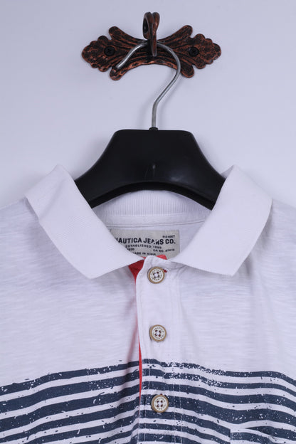 Nautica Jeans Co. Mens L Polo Shirt White Cotton Blue Summer Print Detailed Buttons