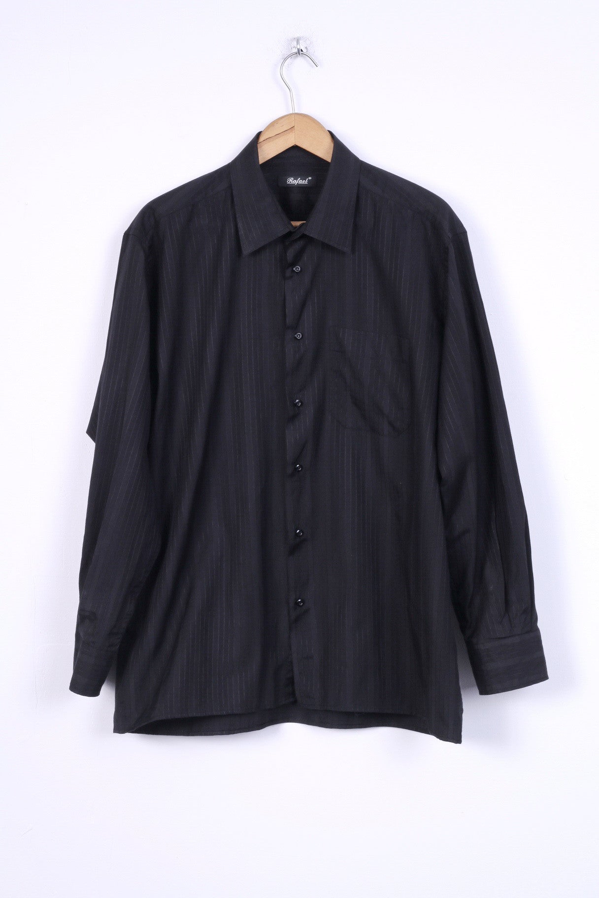 Rafael Mens 44 XL Casual Shirt Black Striped Cotton Long Sleeve