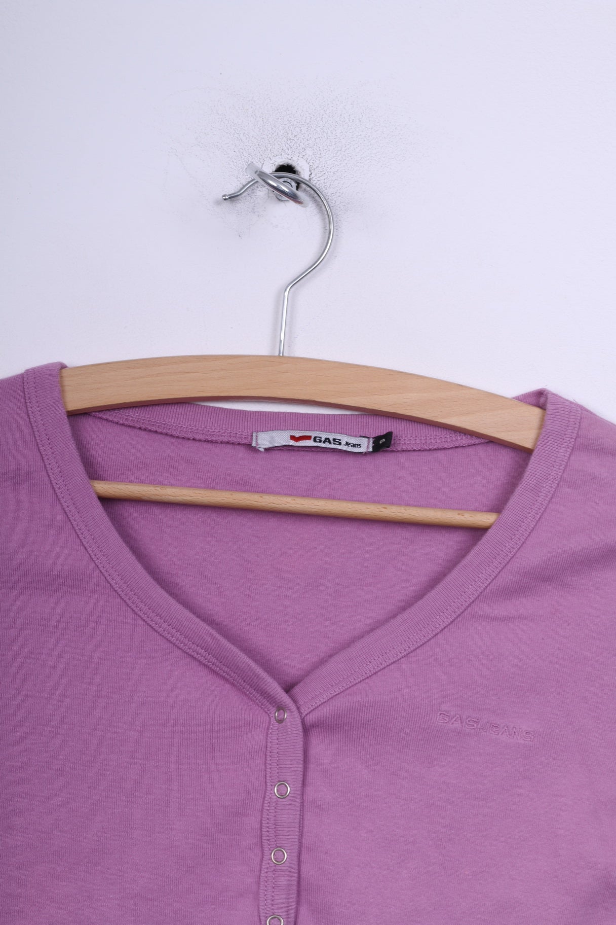 Gas Jeans Womens S Shirt Lilac Long Sleeve V Neck Cotton Popper Button