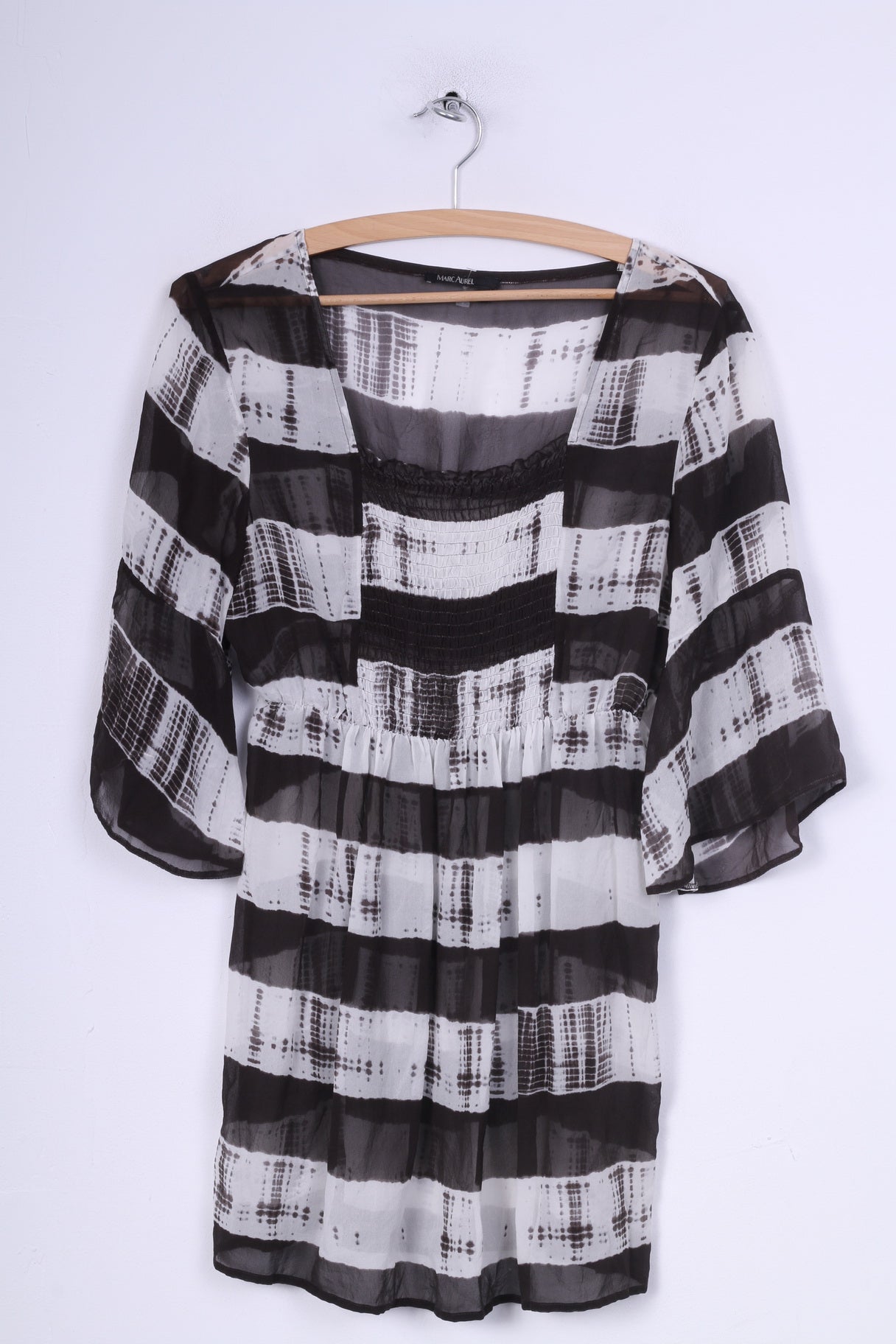 Marc Aurel Womens 38 M Blouse Transparent Tunic One Striped Brown/White Summer Short Sleeve