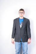 Magee Mens 42 S Blazer Top Suit Striped Grey Wool Single Breasted - RetrospectClothes