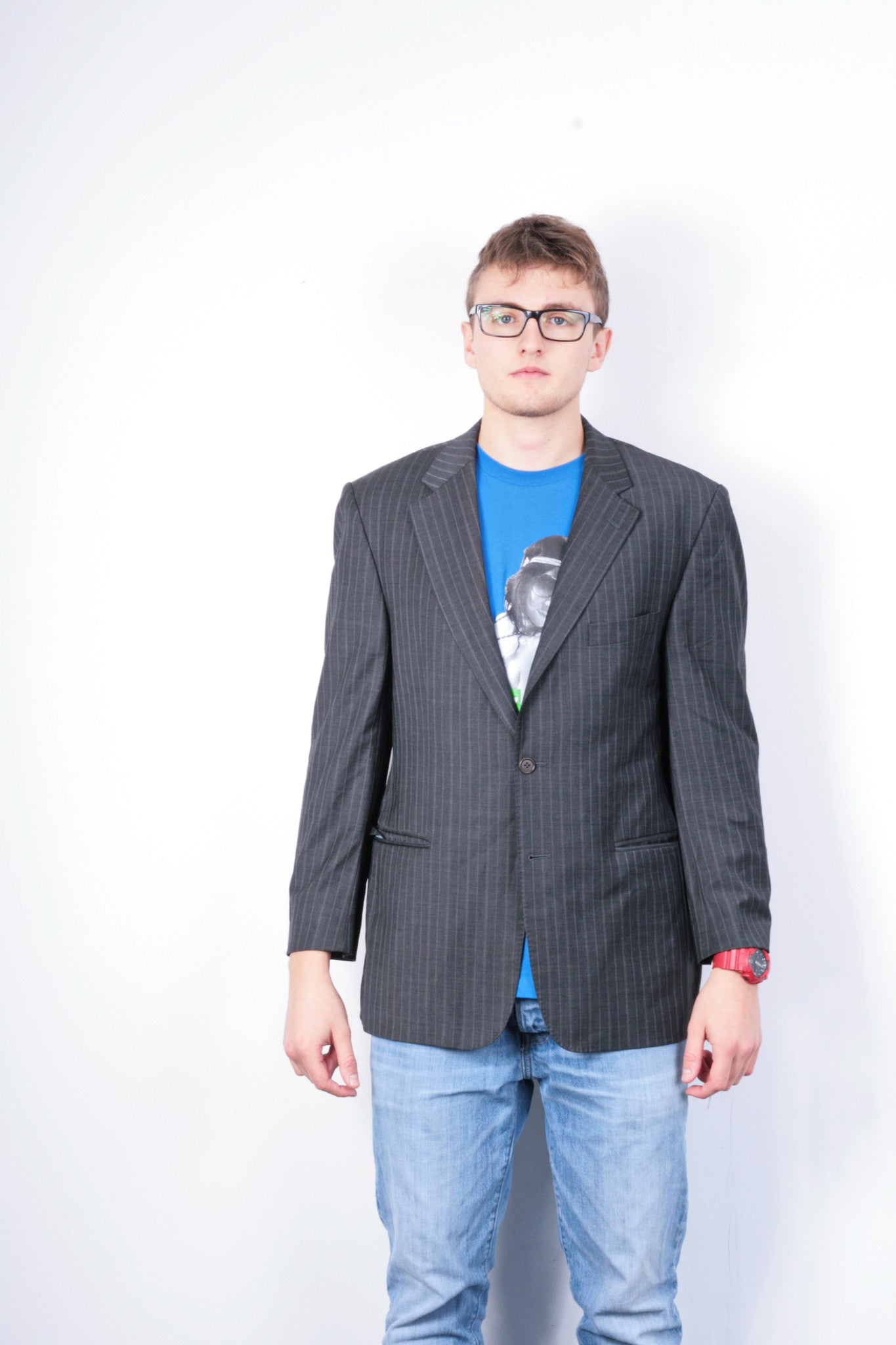 Magee Mens 42 S Blazer Top Suit Striped Grey Wool Single Breasted - RetrospectClothes