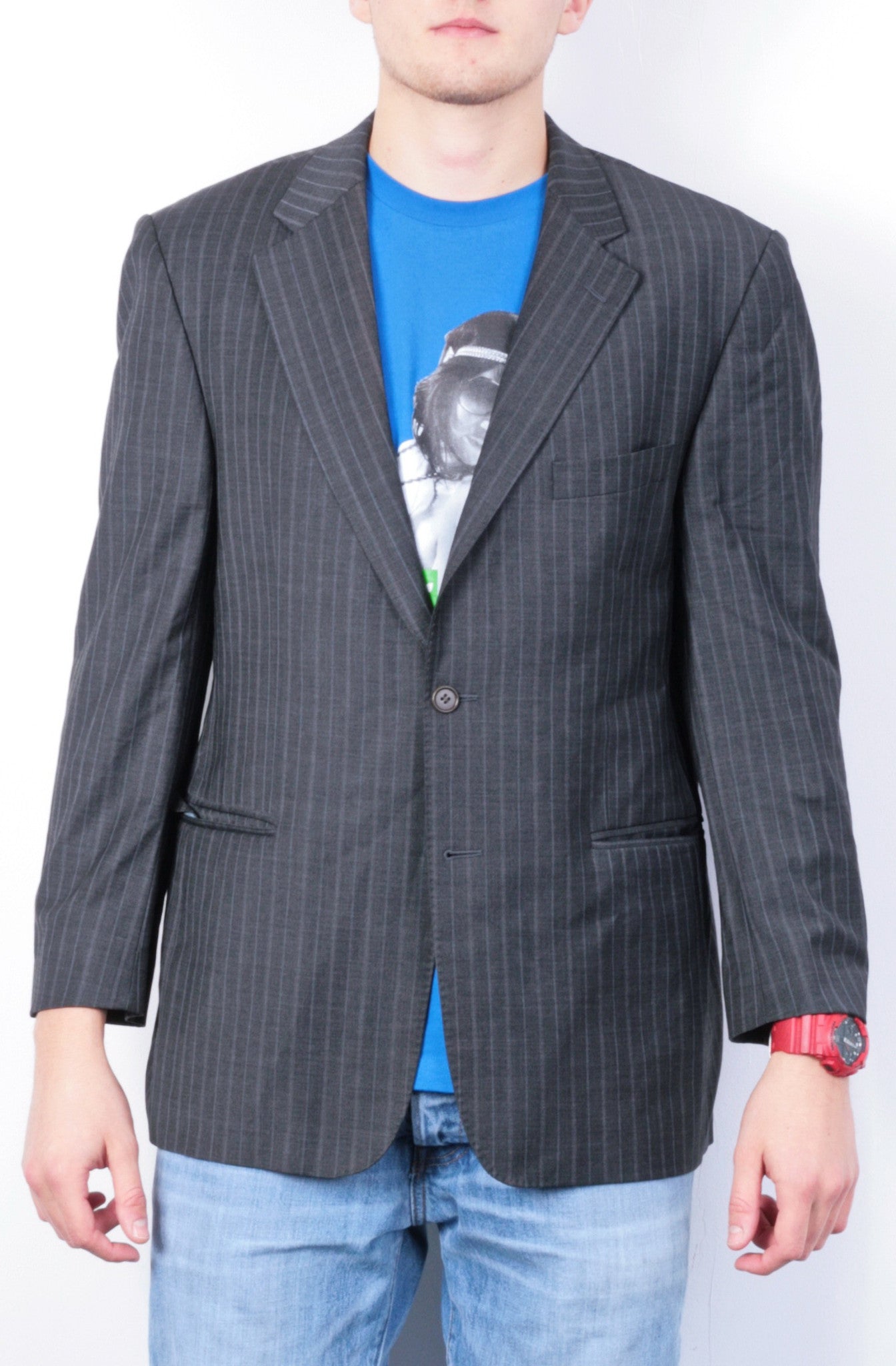 Magee Mens 42 S Blazer Top Suit Striped Grey Wool Single Breasted - RetrospectClothes