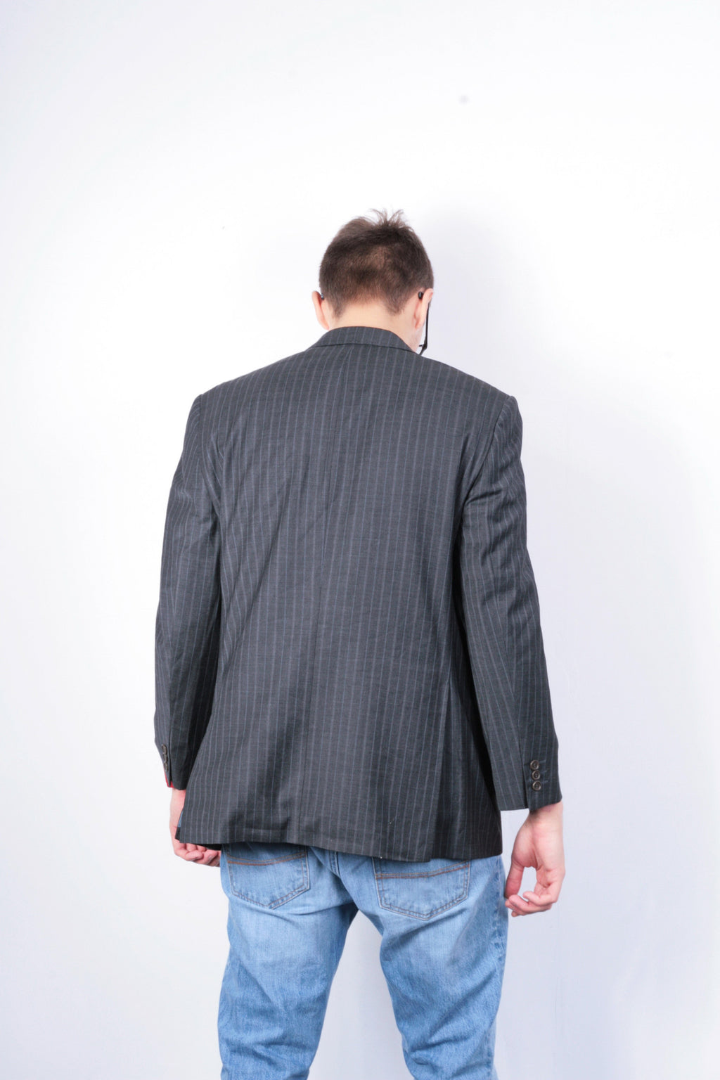 Magee Mens 42 S Blazer Top Suit Striped Grey Wool Single Breasted - RetrospectClothes