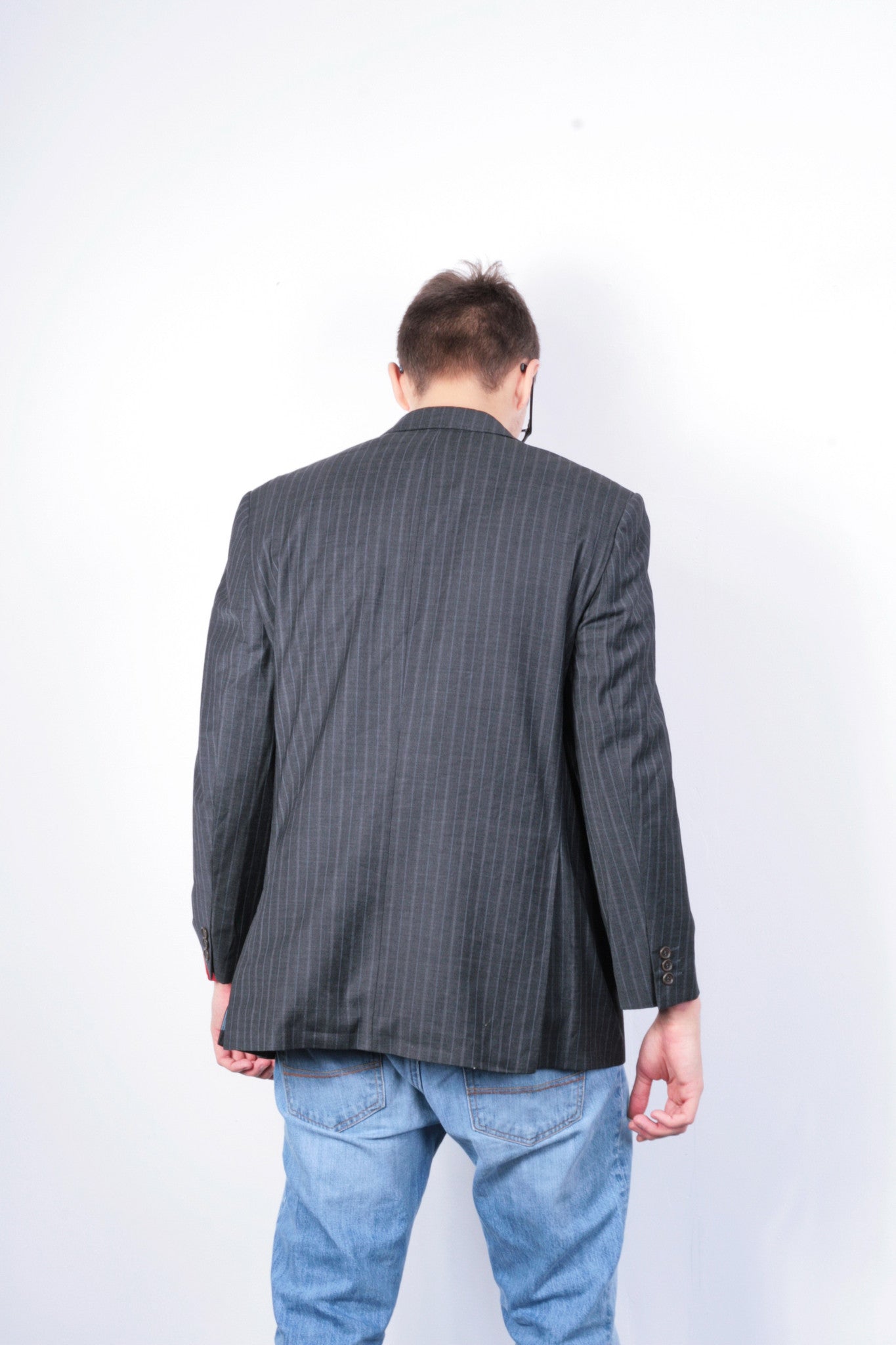 Magee Mens 42 S Blazer Top Suit Striped Grey Wool Single Breasted - RetrospectClothes