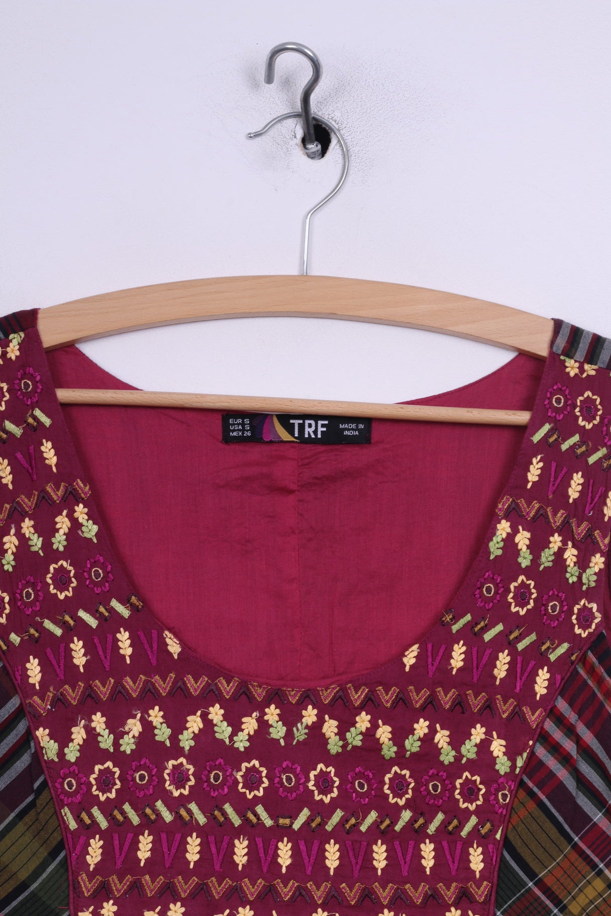 TRF Womens S Mini Dress Purple Check India Embroidered Tunic Folk Dress