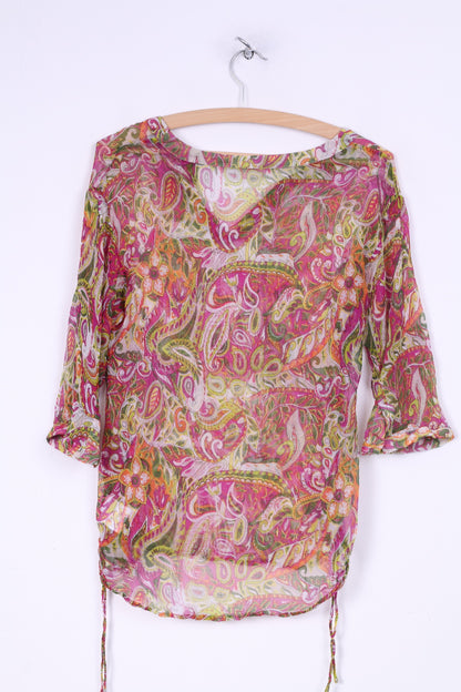 More& More Womens 34 XS Blouse Transparent Long Sleeve Multi Print V Neck Mulicolor