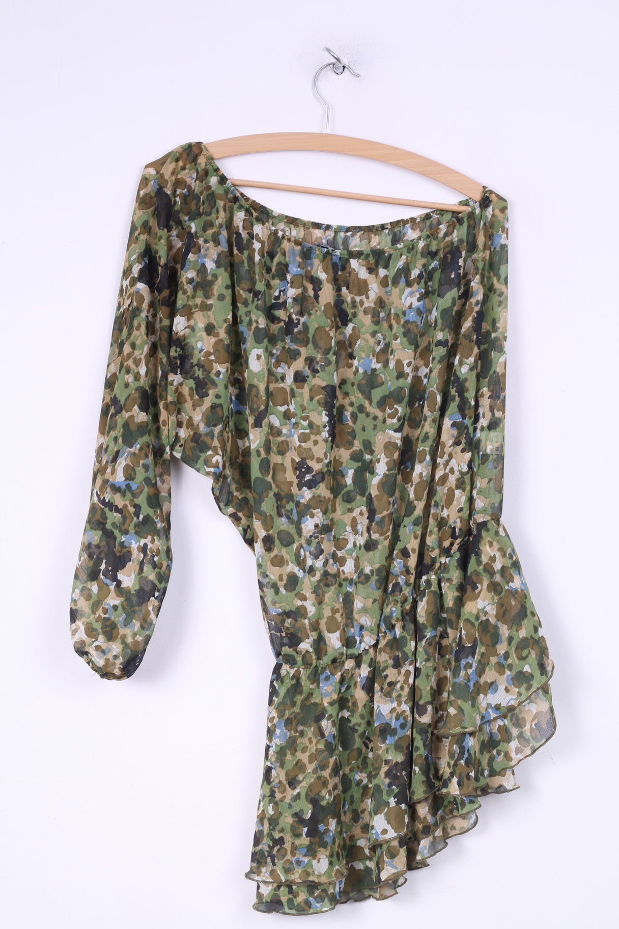 Dennny Rose Womens S Blouse Transparent Long Sleeve Tunic One Shoulder Camulfage