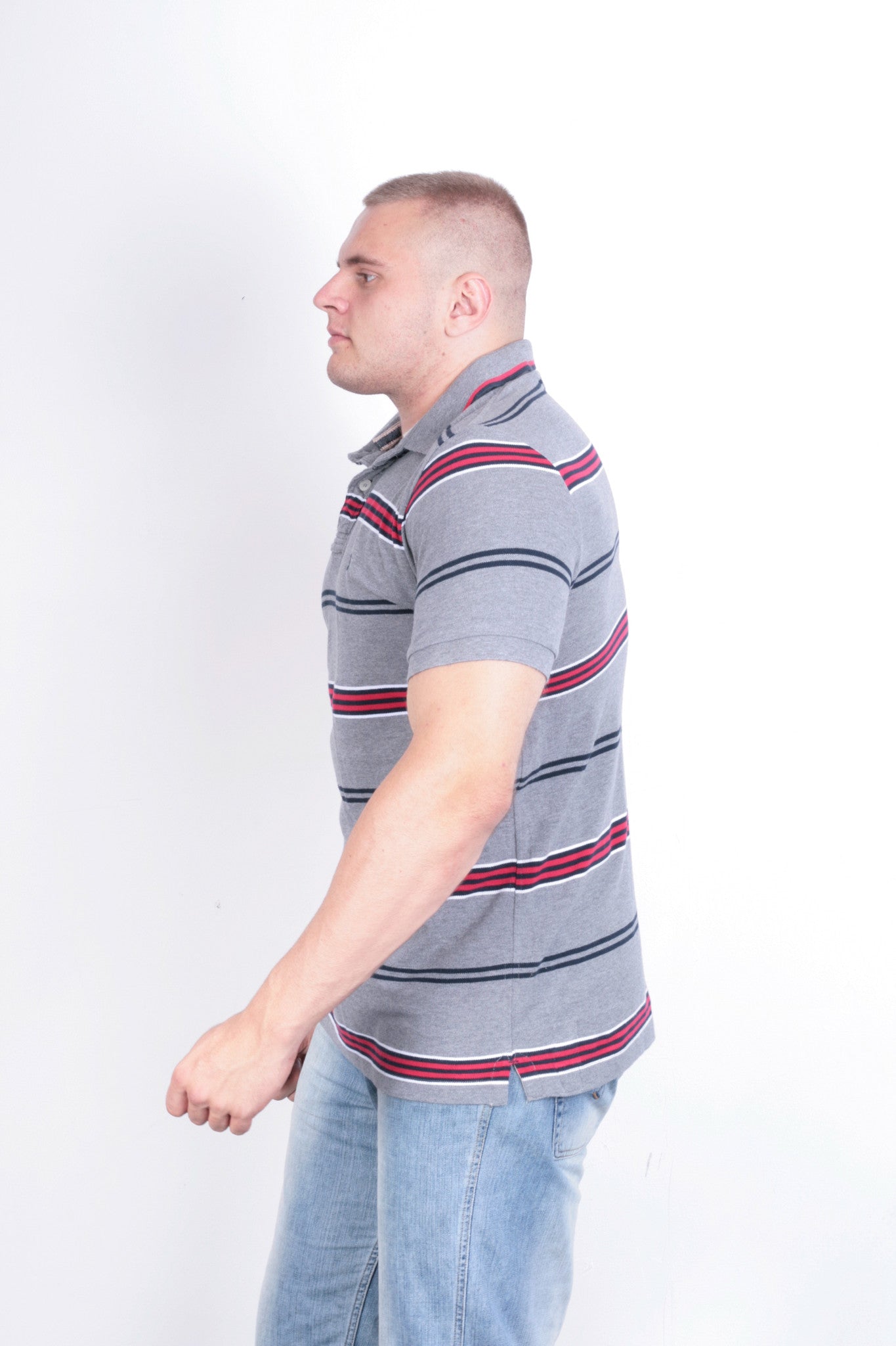 St George  Mens XL Polo Shirt Grey Striped Short Sleeve Cotton Summer - RetrospectClothes