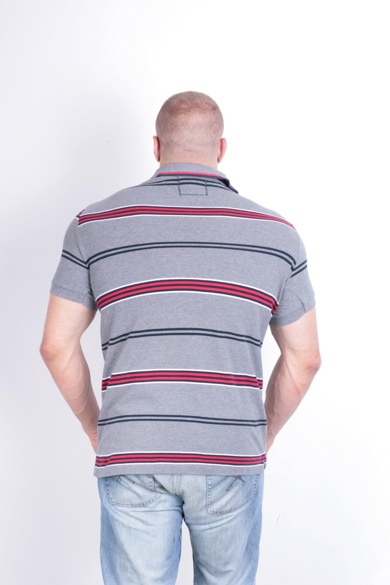 St George  Mens XL Polo Shirt Grey Striped Short Sleeve Cotton Summer - RetrospectClothes