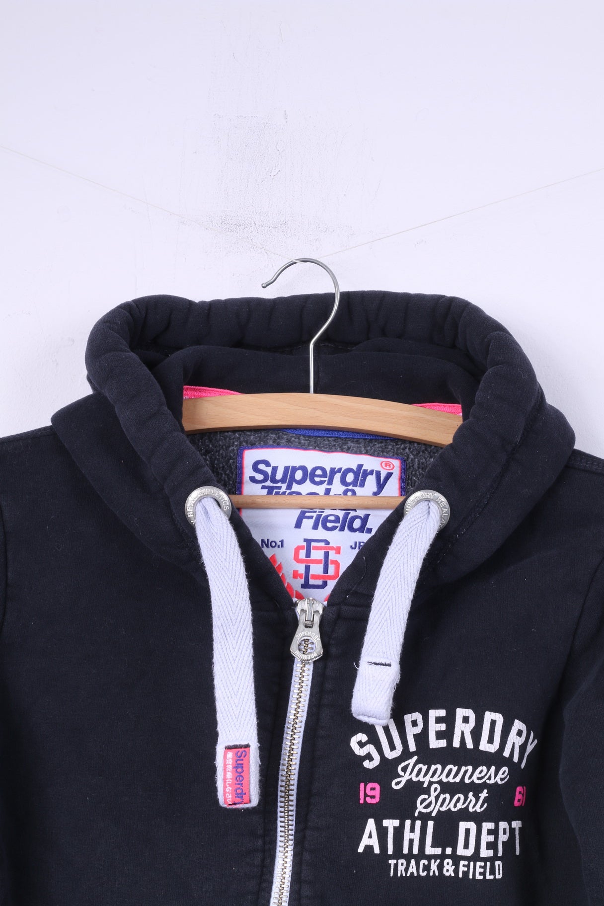 Superdry Womens M Sweatshirt Full Zipper Navy Top Track&Field Cotton Hooded