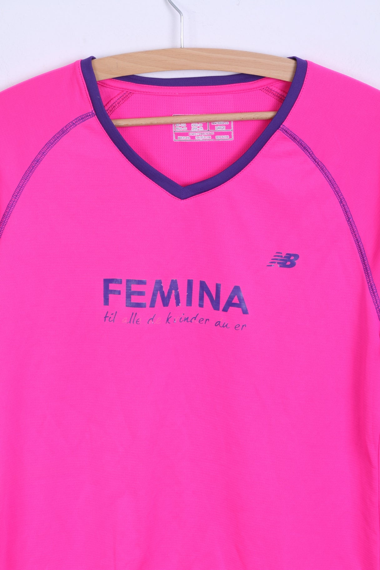 New Balance Womens L Shirt Pink Neon Run V Neck Top Sportswear