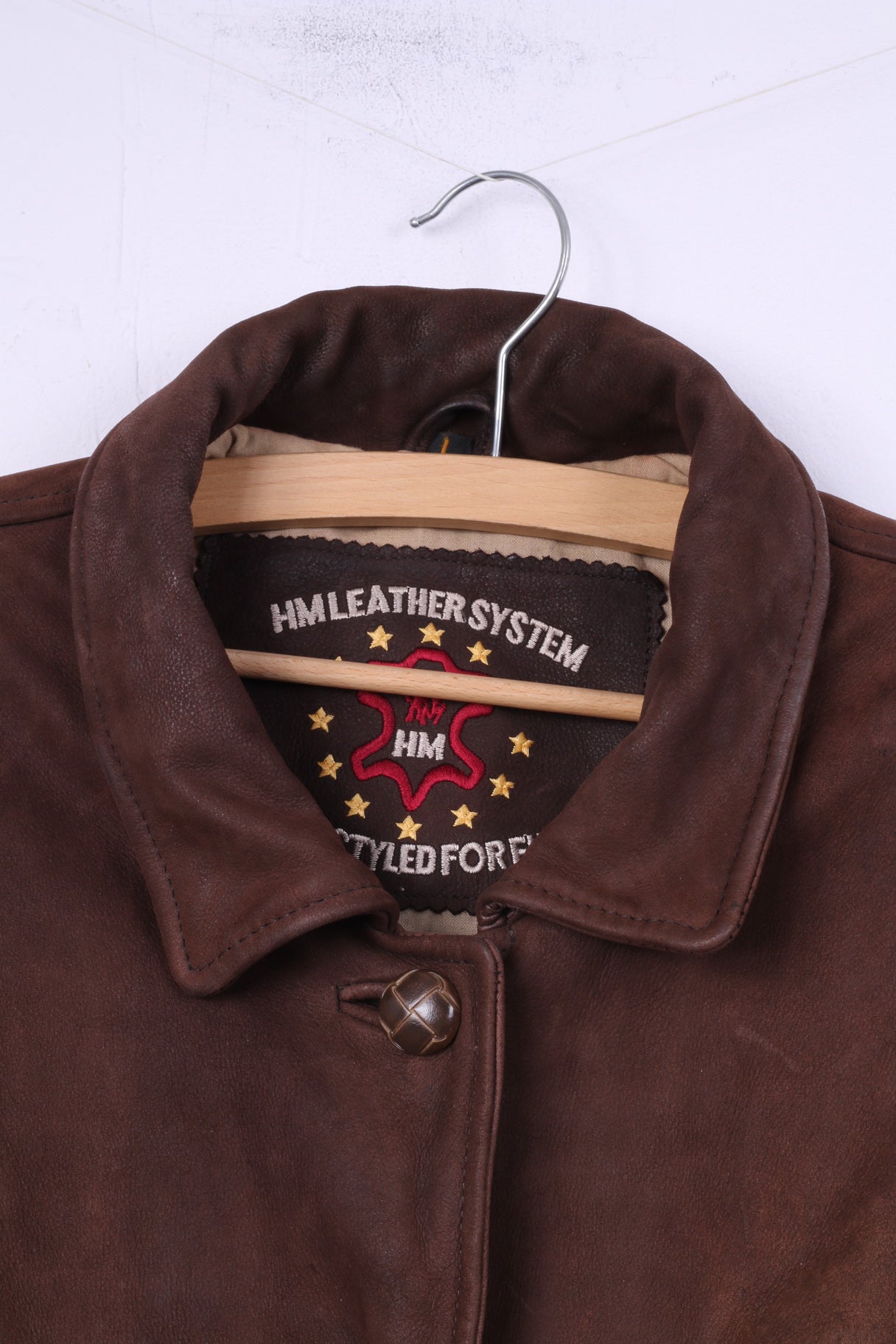 HM Leather System Fashion Styled For Europe Women L Leather Jacket Brown Full Zipper Biker Top