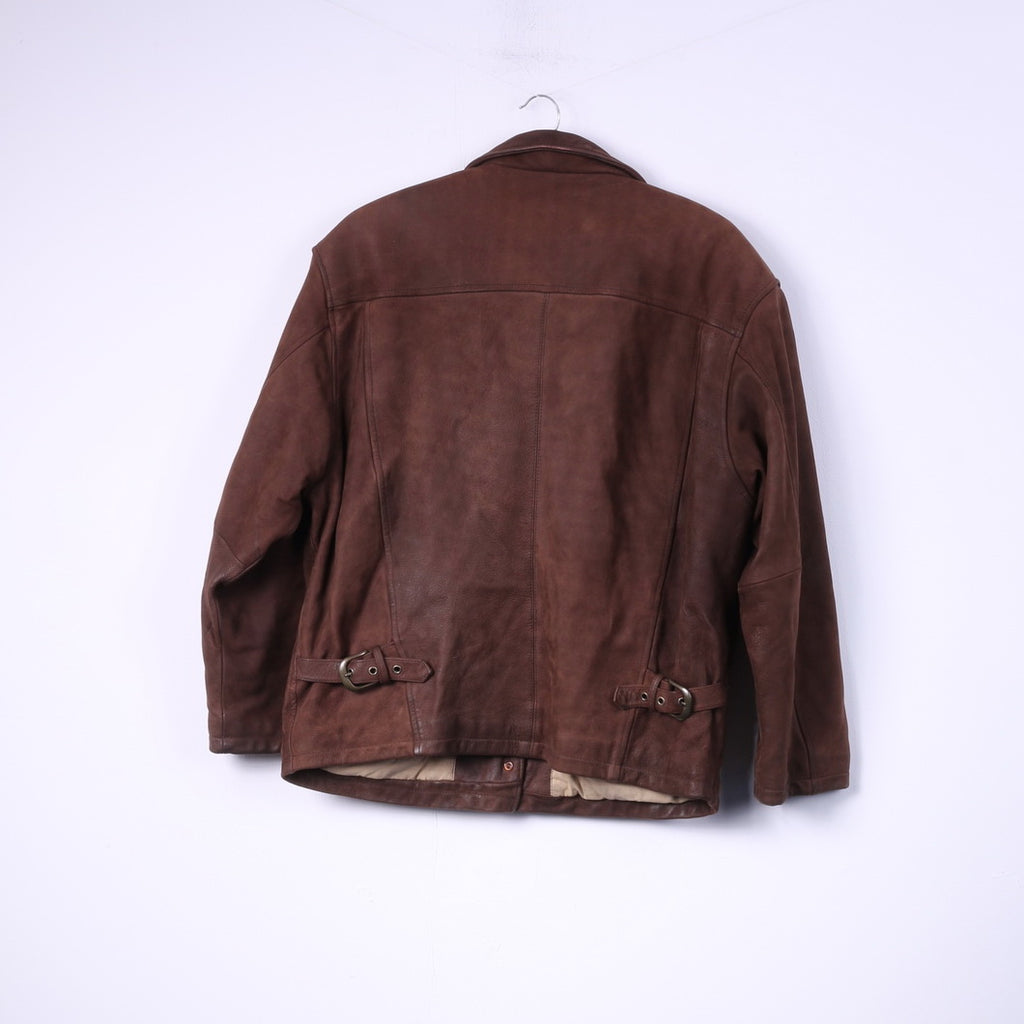 HM Leather System Fashion Styled For Europe Women L Leather Jacket Brown Full Zipper Biker Top