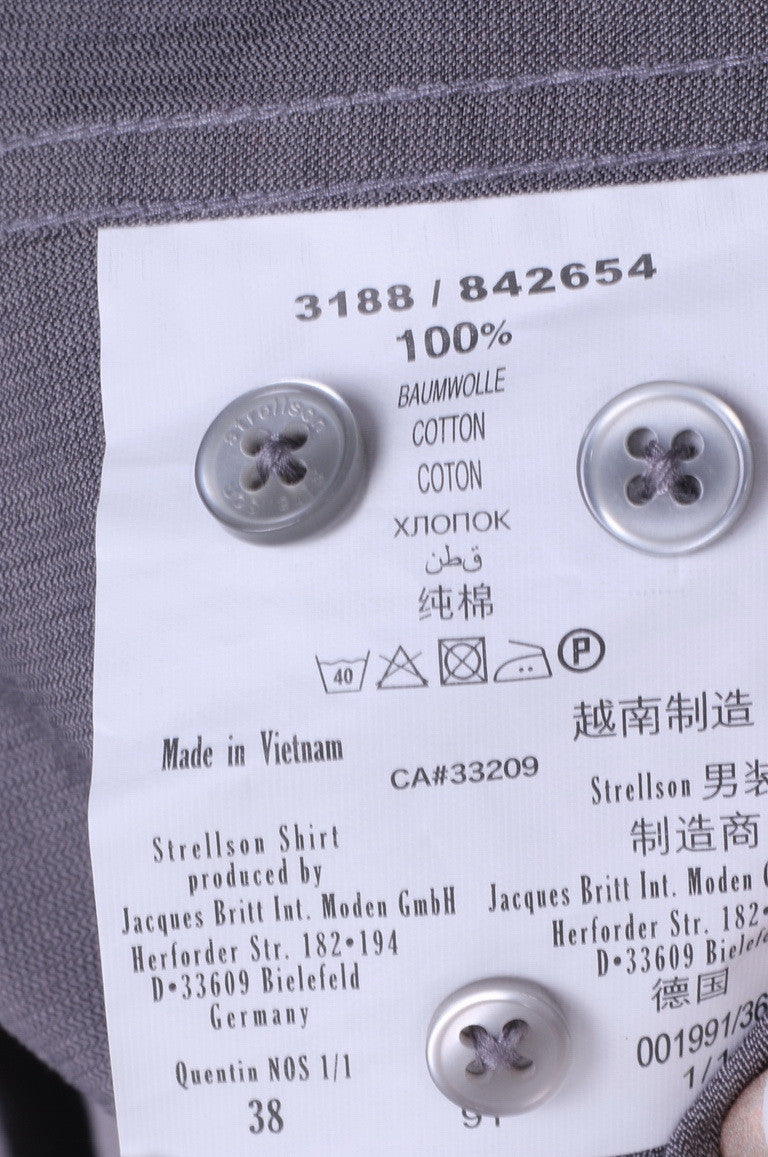 Strellson Mens 38 15 M Casual Shirt Grey Cotton Slim Fit Standard Collar