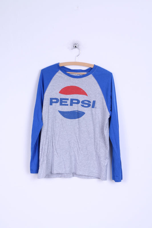 Pepsi Womens L Shirt Coton Gris Bleu Manches Longues Graphique Stretch Top